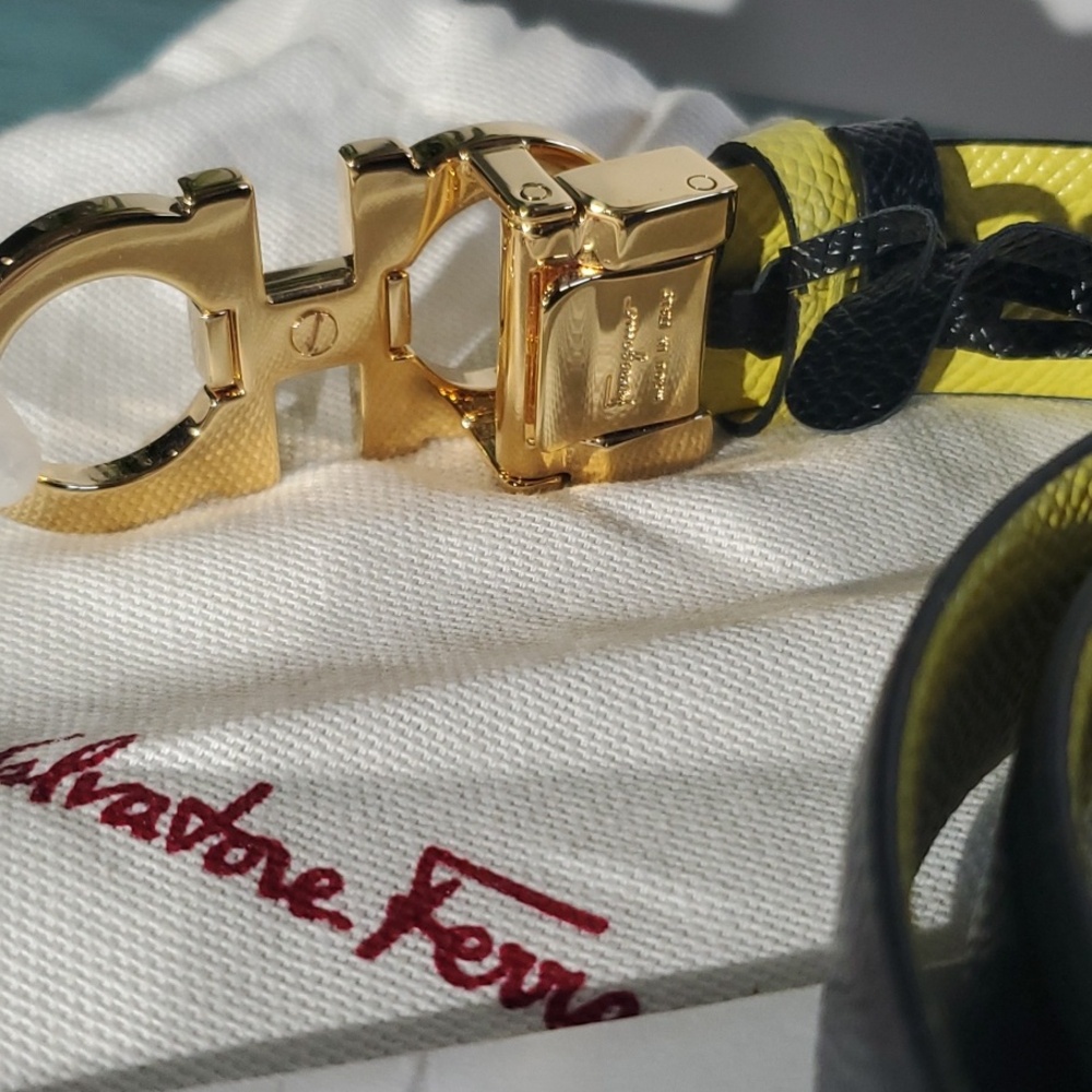 Salvatore Ferragamo Black and Yellow Leather Belt with Gold Gancini Buckle - New - Picture 3 of 6